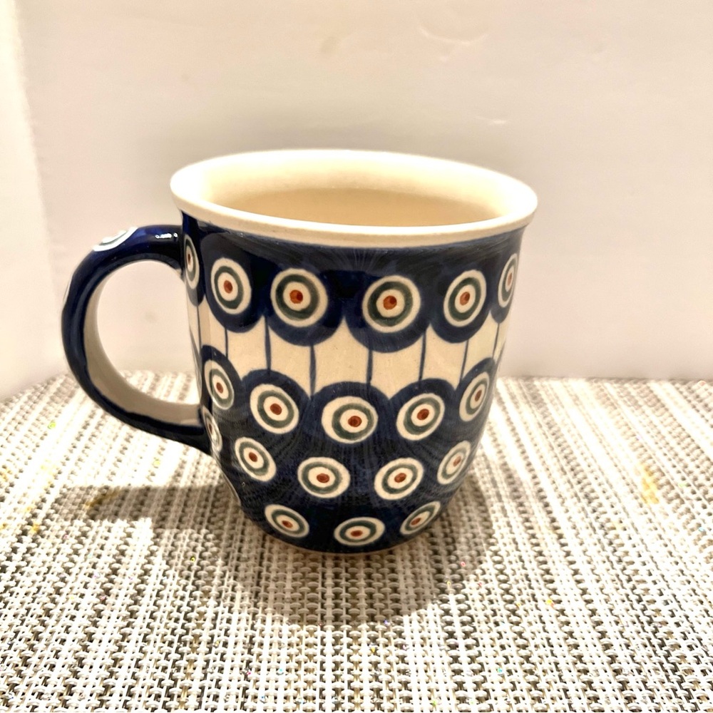 Boleslaweic Polish Pottery Mug C-5. Blue/White & Rust. Handmade.